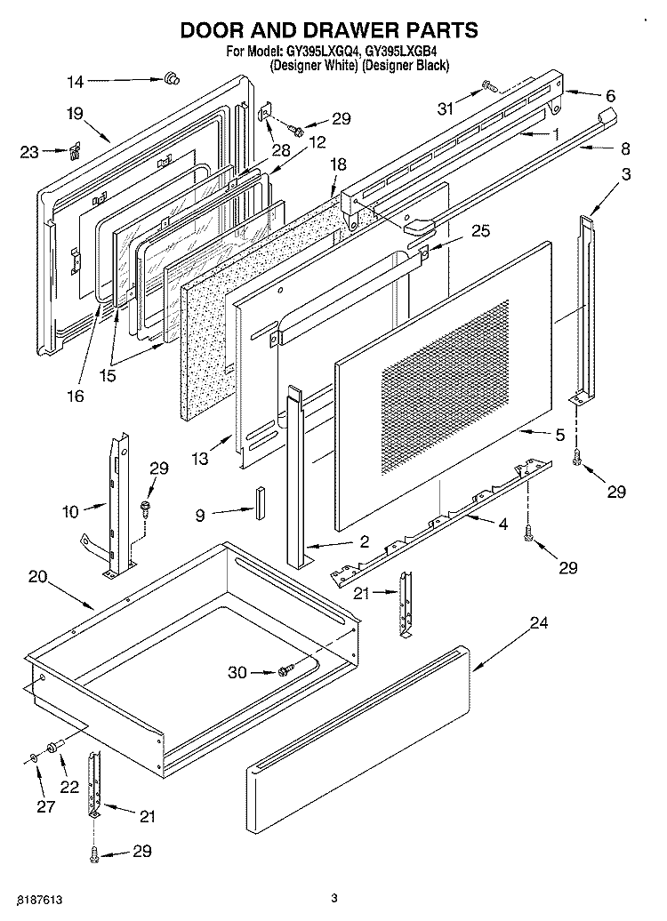 DOOR AND DRAWER Diagram and Parts List for GY395LXGQ4  Whirlpool Range