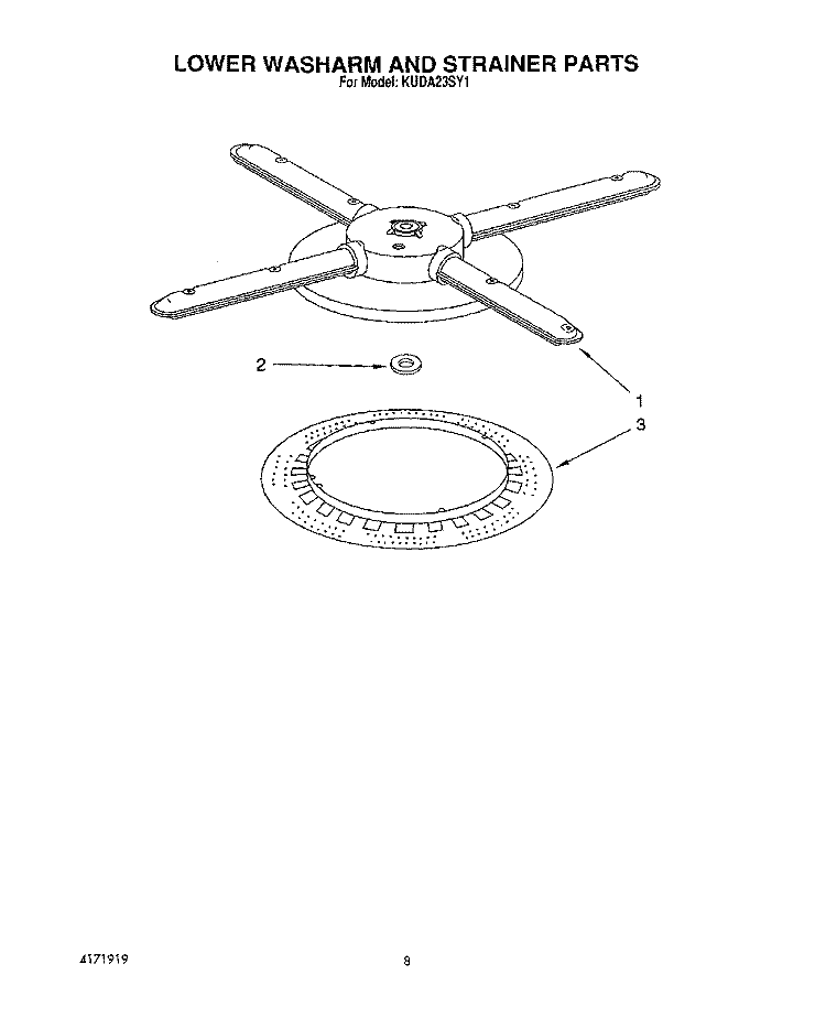 LOWER WASHARM AND STRAINER Diagram and Parts List for KUDA23SY1  KitchenAid Dishwasher