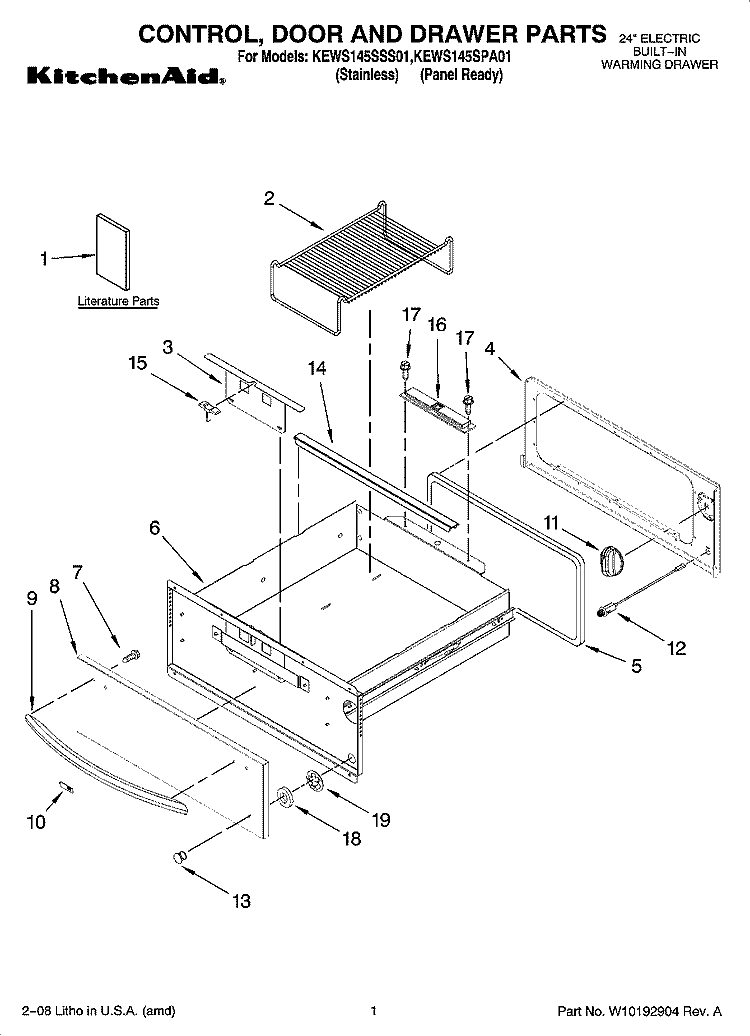 CONTROL, DOOR AND DRAWER PARTS Diagram and Parts List for KEWS145SPA01  KitchenAid Warming Drawer