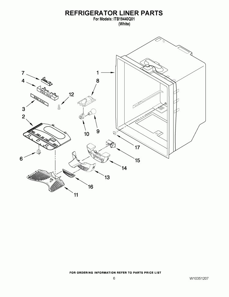 REFRIGERATOR LINER PARTS Diagram and Parts List for ITB19440Q01  Inglis Refrigerator
