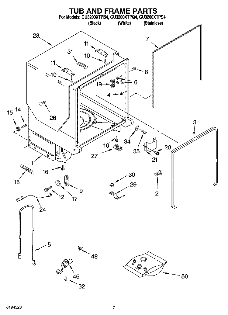 TUB AND FRAME PARTS Diagram and Parts List for GU3200XTPS4  Whirlpool Dishwasher