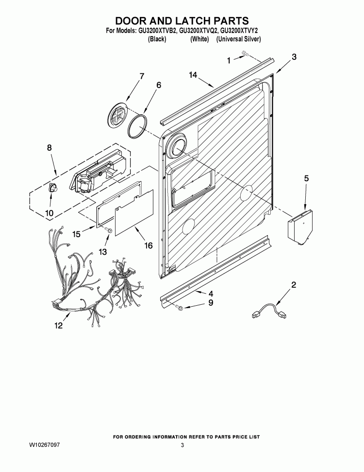 DOOR AND LATCH PARTS Diagram and Parts List for GU3200XTVY1  Whirlpool Dishwasher