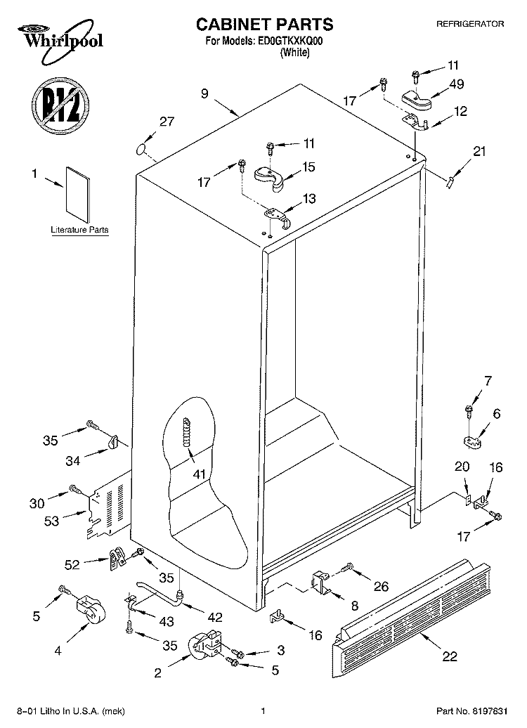 CABINET, LITERATURE Diagram and Parts List for ED0GTKXKQ00  Whirlpool Refrigerator