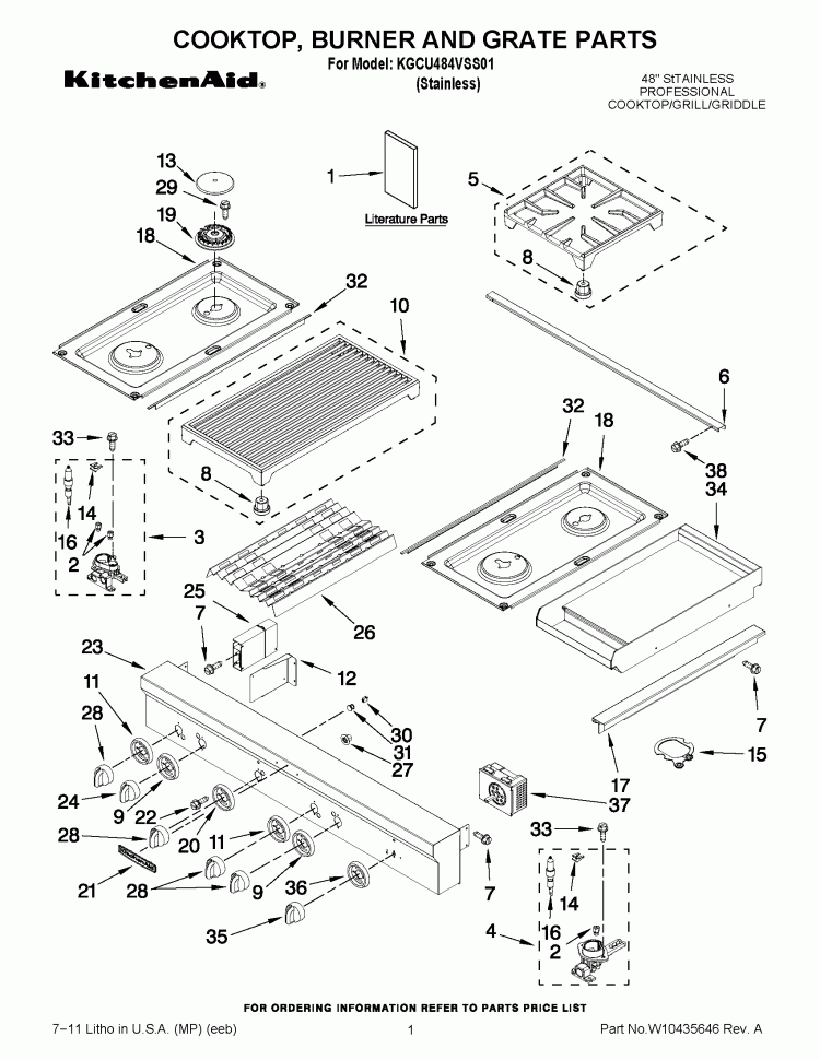 COOKTOP, BURNER AND GRATE PARTS Diagram and Parts List for KGCU484VSS01  KitchenAid Cooktop