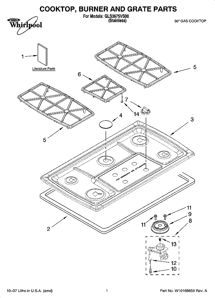 COOKTOP, BURNER AND GRATE PARTS Diagram and Parts List for GLS3675VS00  Whirlpool Cooktop