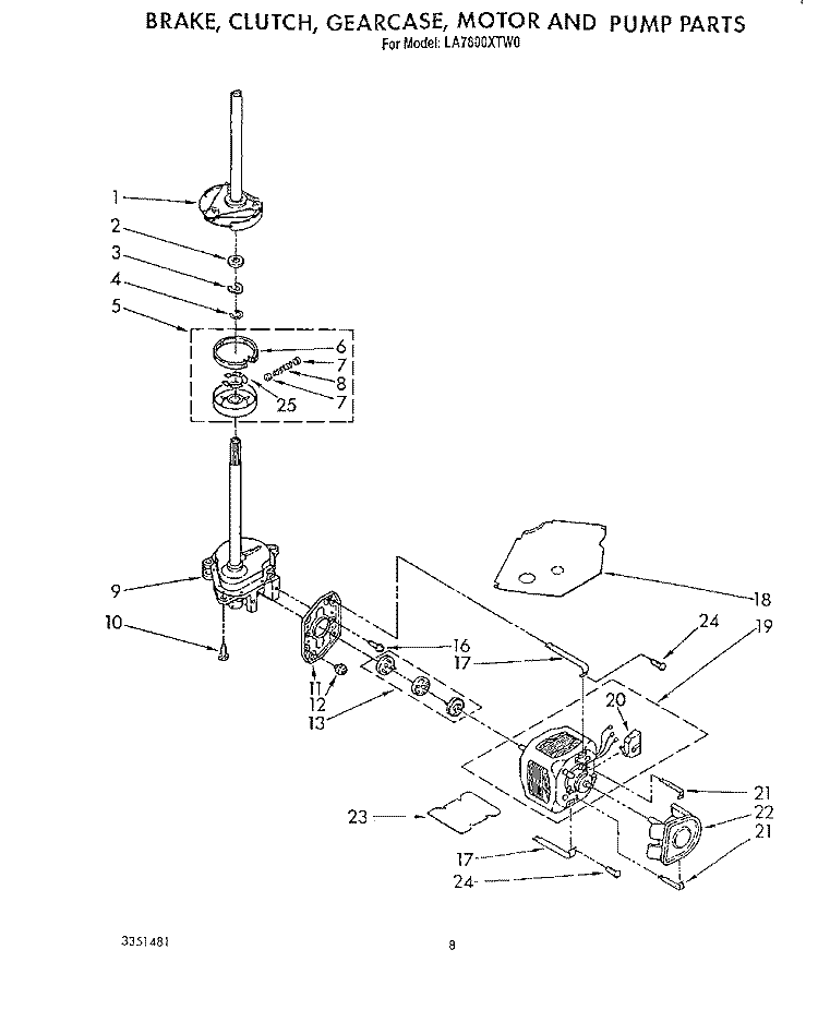 BRAKE, CLUTCH, GEARCASE, MOTOR AND PUMP Diagram and Parts List for LA7800XTF0  Whirlpool Washer