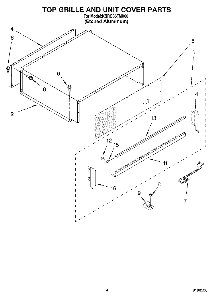 TOP GRILLE AND UNIT COVER PARTS Diagram and Parts List for KBRO36FMX00  KitchenAid Refrigerator