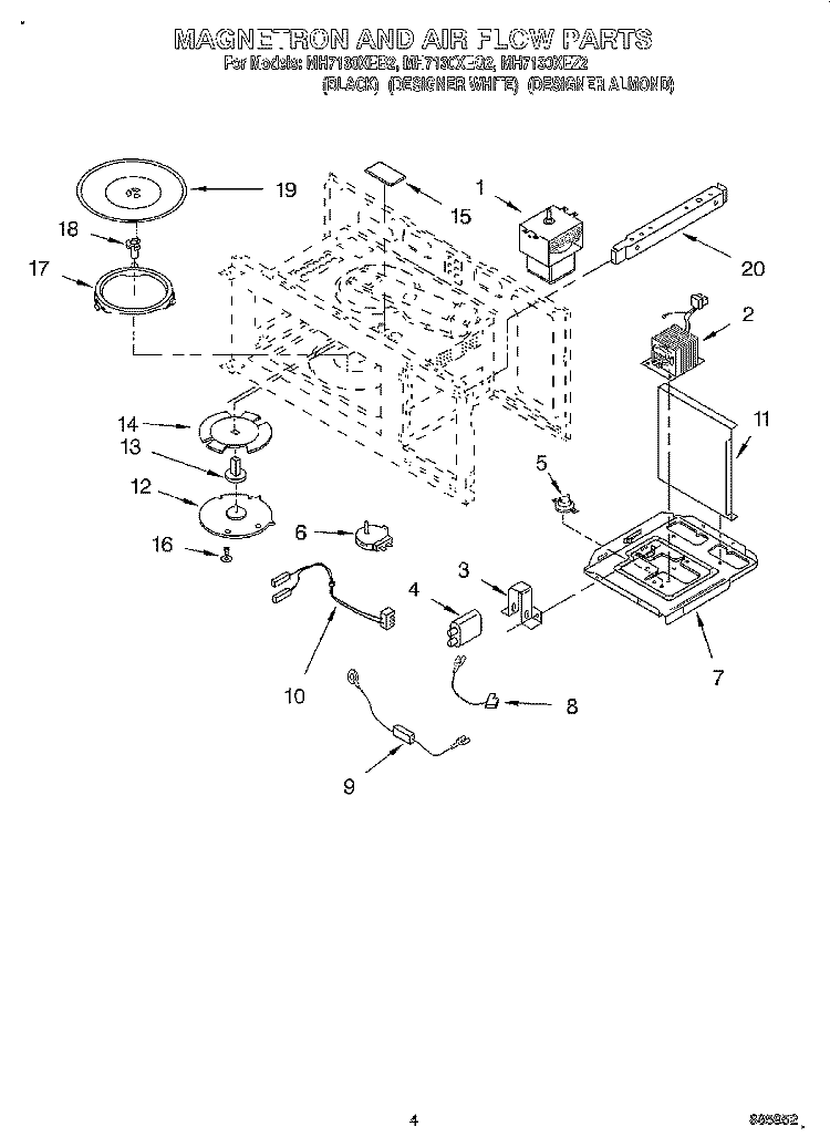 MAGNETRON AND AIR FLOW Diagram and Parts List for MH7130XEZ2  Whirlpool Microwave