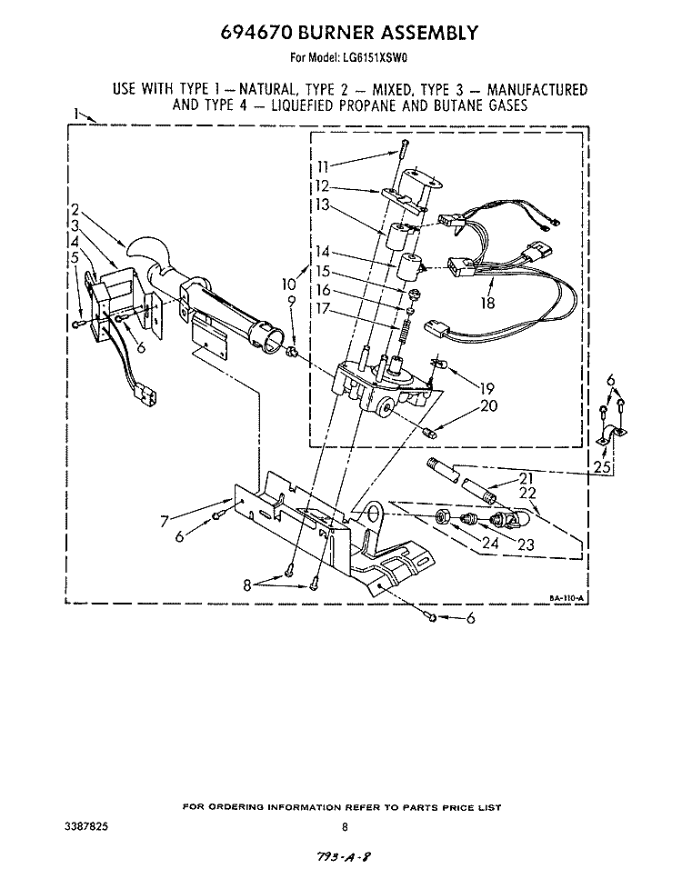 694670 BURNER Diagram and Parts List for LG6151XSW0  Whirlpool Dryer