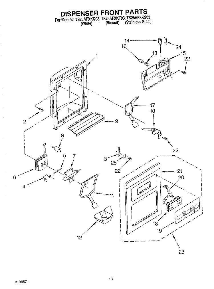 DISPENSER FRONT PARTS Diagram and Parts List for TS25AFXKS03  Estate Refrigerator