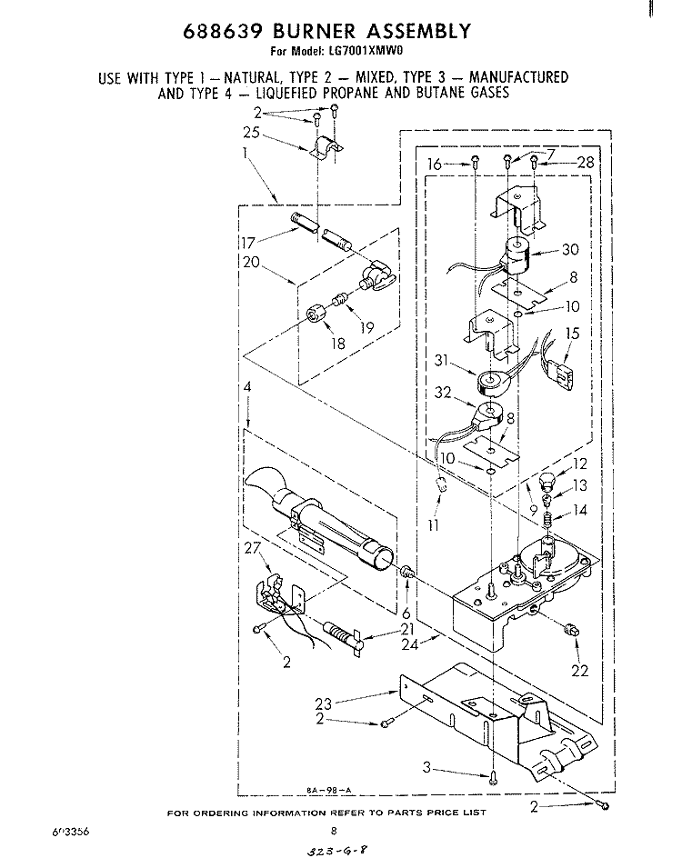 688639 BURNER Diagram and Parts List for LG7001XMW0  Whirlpool Dryer