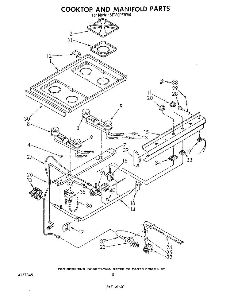 COOKTOP AND MANIFOLD , LITERATURE AND OPTIONAL Diagram and Parts List for SF330PERW0  Whirlpool Range