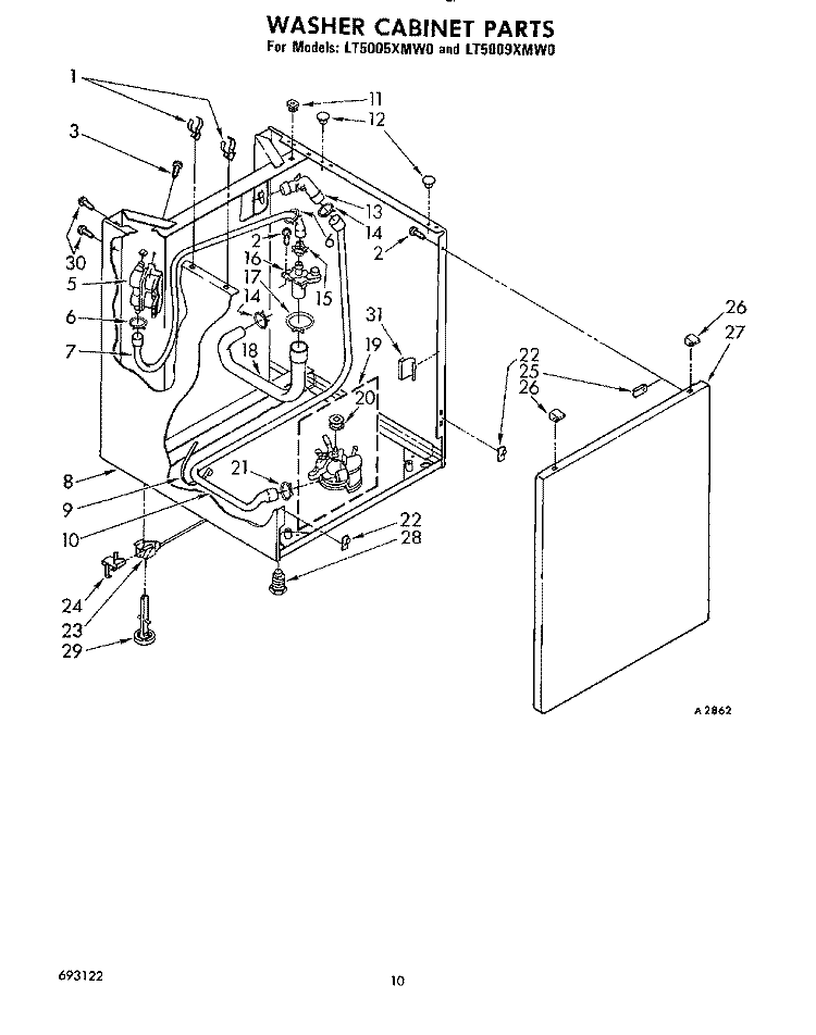 WASHER CABINET Diagram and Parts List for LT5005XMW0  Whirlpool Washer Dryer Combo