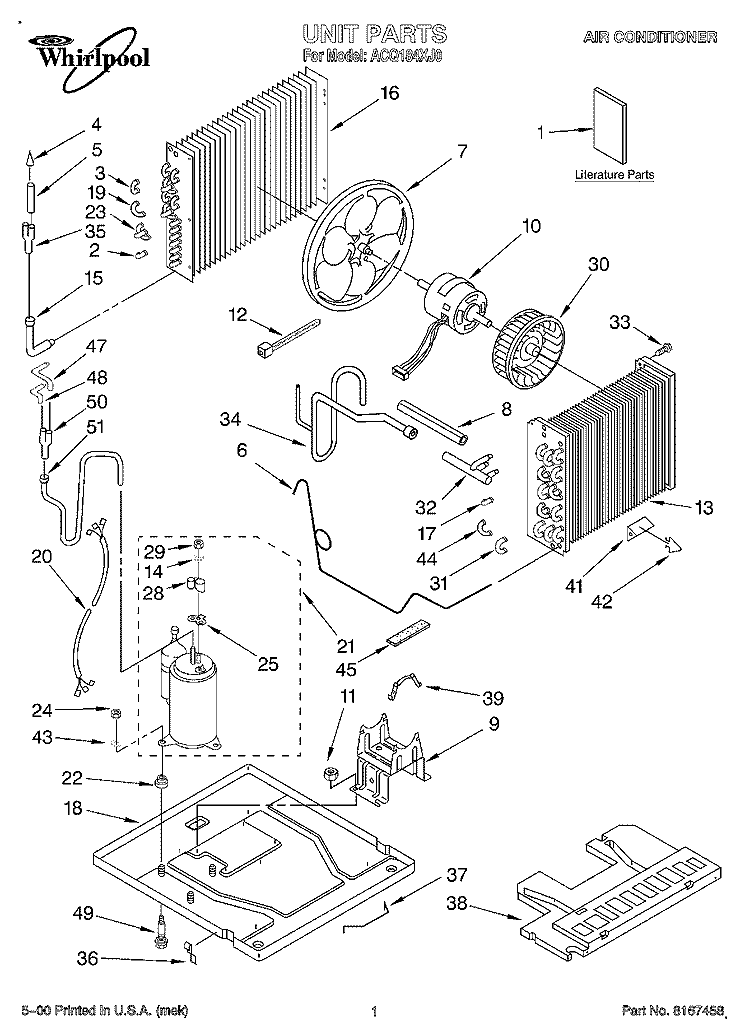 UNIT, LITERATURE Diagram and Parts List for ACQ184XJ0  Whirlpool Air Conditioner