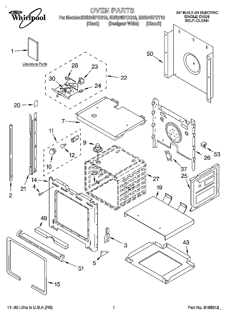 OVEN, LITERATURE Diagram and Parts List for RBS245PDB10  Whirlpool Wall Oven