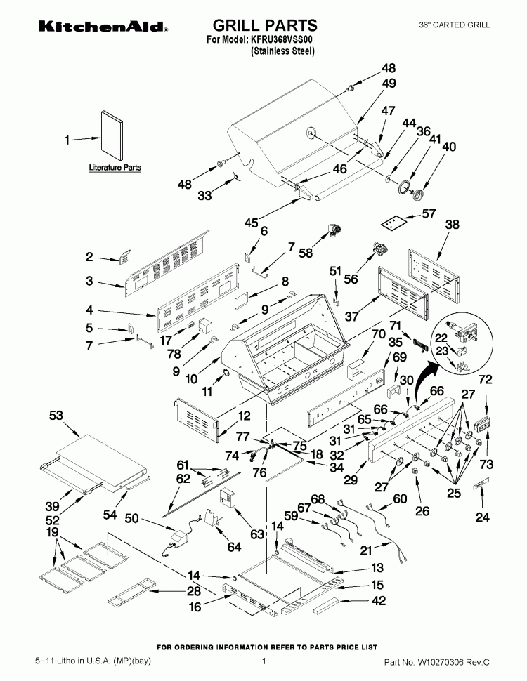 GRILL PARTS Diagram and Parts List for KFRU368VSS00  KitchenAid Grill