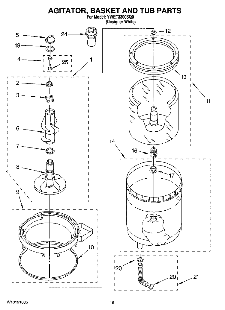 AGITATOR, BASKET AND TUB PARTS Diagram and Parts List for YWET3300SQ0  Whirlpool Washer Dryer Combo