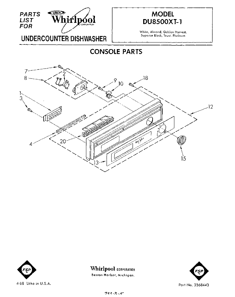 CONSOLE Diagram and Parts List for DU8500XT1  Whirlpool Dishwasher