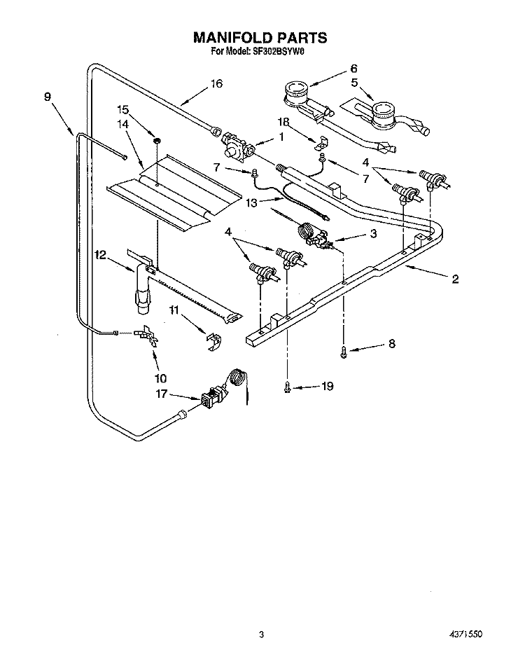 MANIFOLD Diagram and Parts List for SF302BSYW0  Whirlpool Range