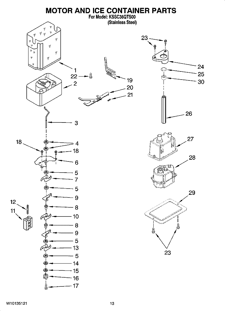 MOTOR AND ICE CONTAINER PARTS Diagram and Parts List for KSSC36QTS00  KitchenAid Refrigerator