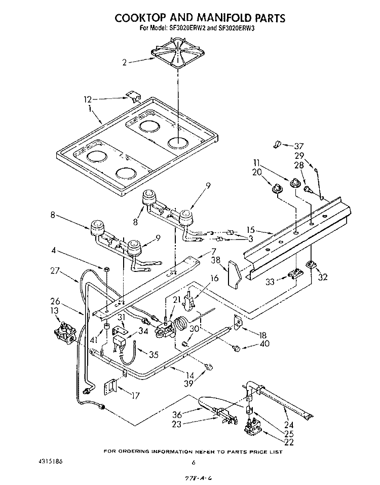 COOK TOP AND MANIFOLD , LITERATURE Diagram and Parts List for SF3020ERW2  Whirlpool Range
