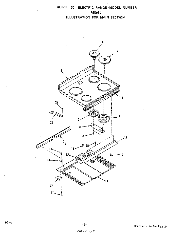 MAIN Diagram and Parts List for F5808L0  Roper Range