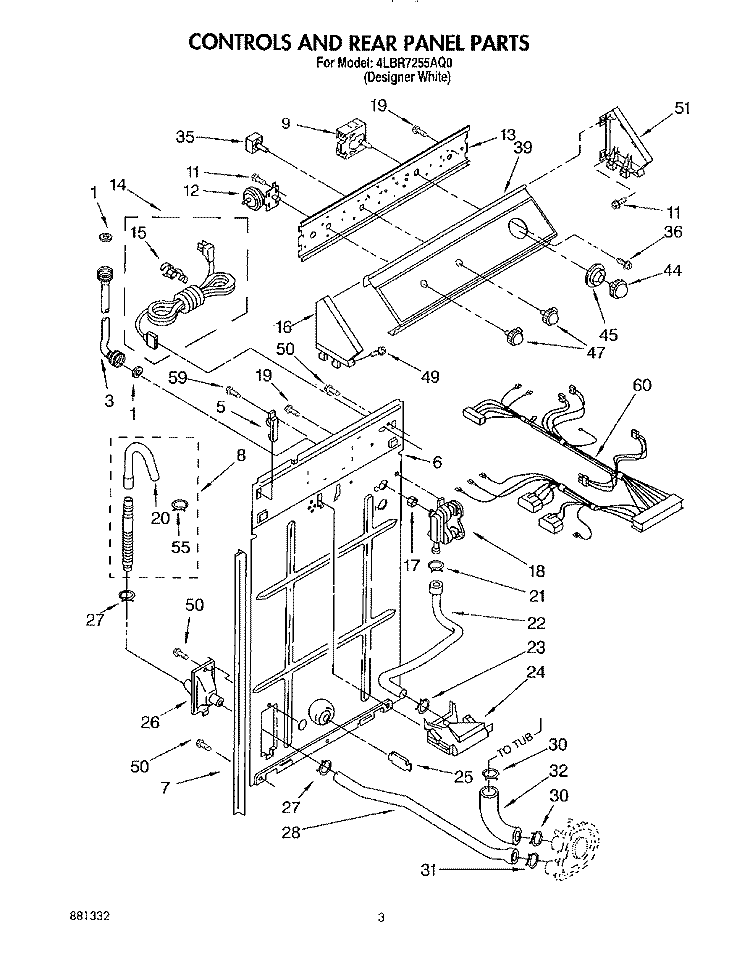 CONTROLS AND REAR PANEL Diagram and Parts List for 4LBR7255AQ0  Whirlpool Washer