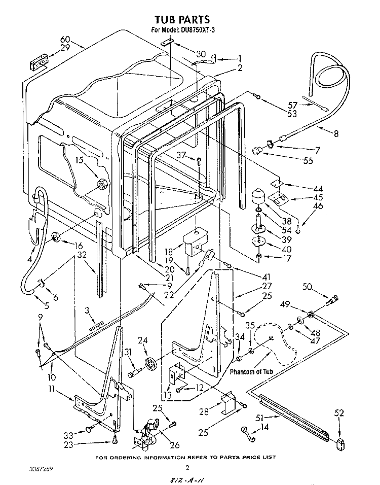 TUB , LITERATURE AND OPTIONAL Diagram and Parts List for DU8750XT3  Whirlpool Dishwasher