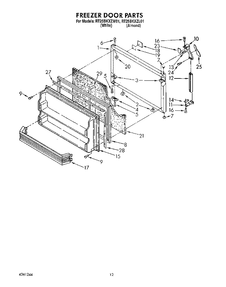 FREEZER DOOR Diagram and Parts List for RT25BKXZW01  Roper Refrigerator