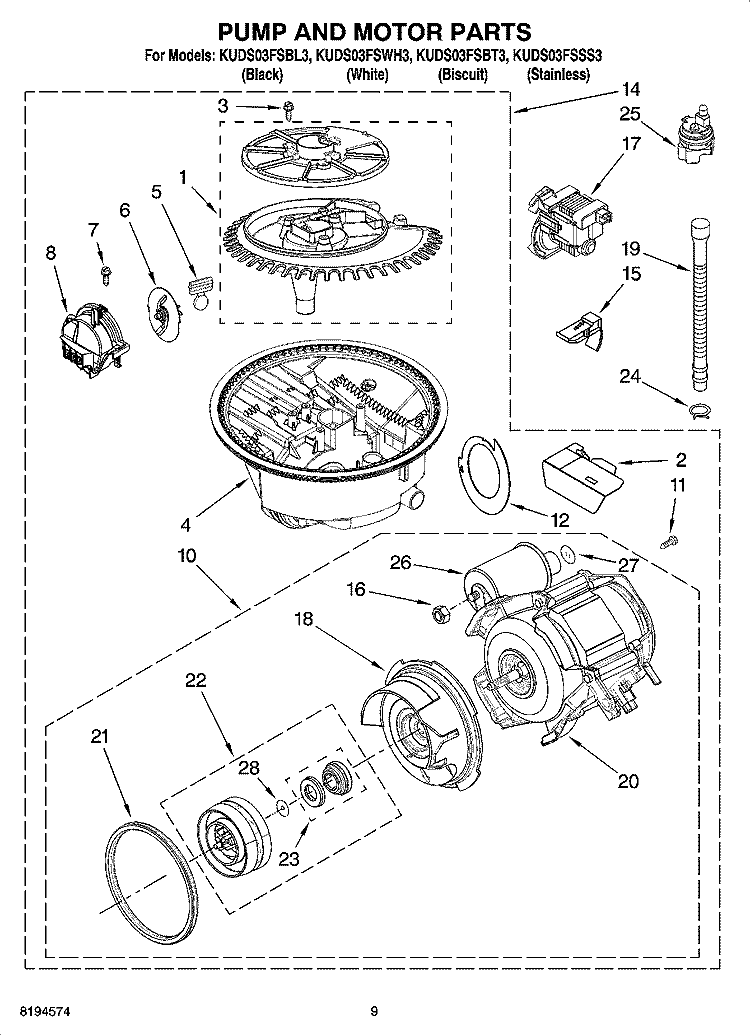 PUMP AND MOTOR PARTS Diagram and Parts List for KUDS03FSBL3  KitchenAid Dishwasher