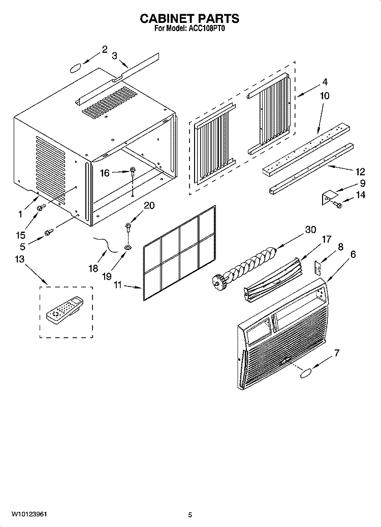 CABINET PARTS Diagram and Parts List for ACC108PT0  Whirlpool Air Conditioner