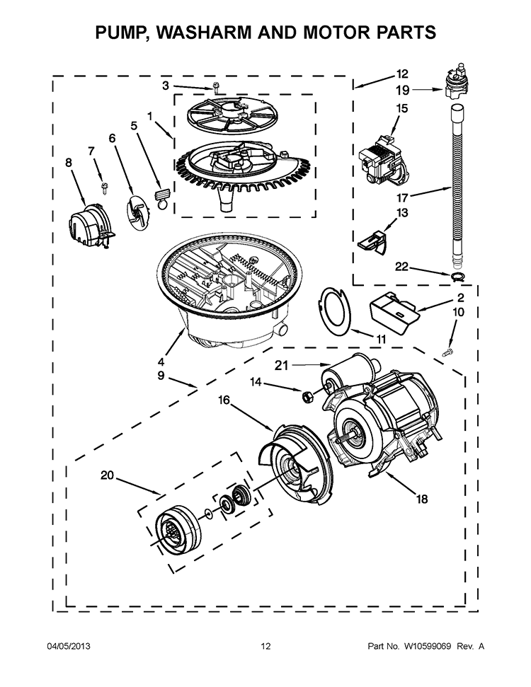 PUMP, WASHARM AND MOTOR PARTS Diagram and Parts List for KUDS30FXBL9  KitchenAid Dishwasher