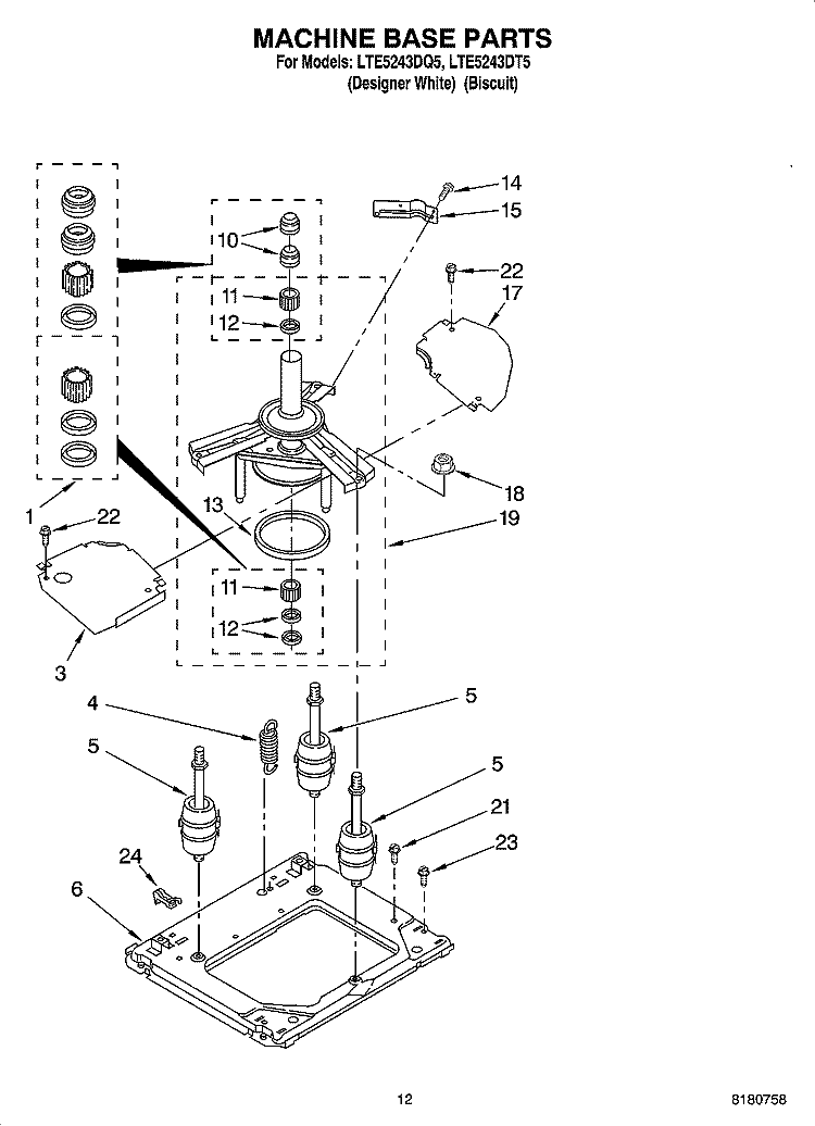 MACHINE BASE PARTS Diagram and Parts List for LTE5243DQ5  Whirlpool Washer Dryer Combo