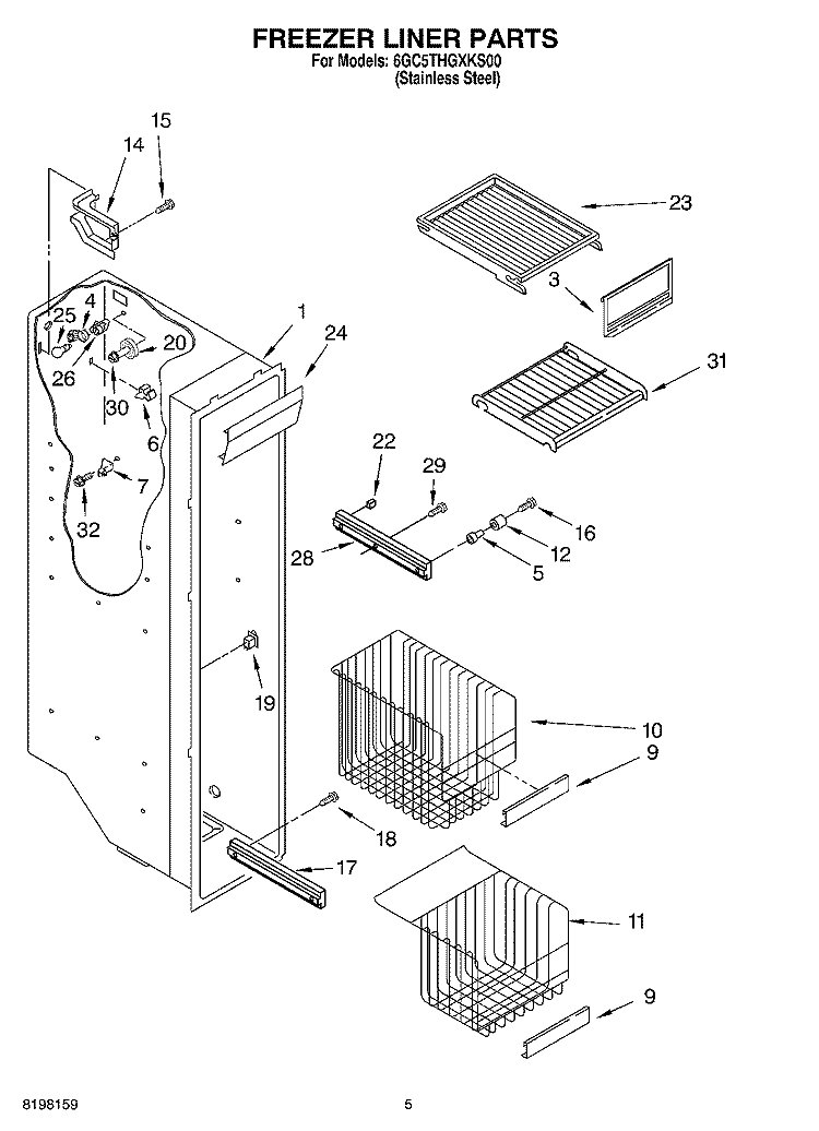 FREEZER LINER PARTS Diagram and Parts List for 6GC5THGXKS00  Whirlpool Refrigerator