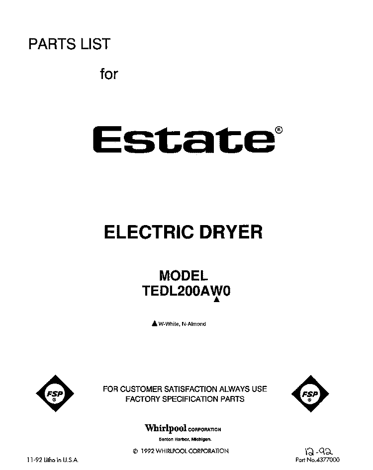 SECTION Diagram and Parts List for TEDL200AN0  Whirlpool Dryer
