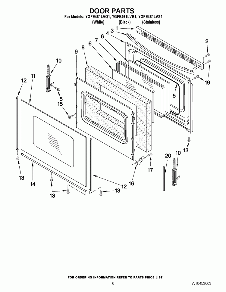 DOOR PARTS Diagram and Parts List for YGFE461LVQ1  Whirlpool Range