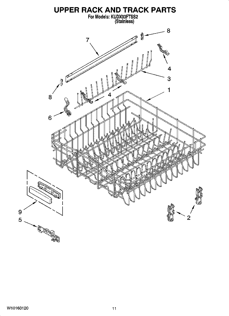 UPPER RACK AND TRACK PARTS Diagram and Parts List for KUDX03FTSS2  KitchenAid Dishwasher