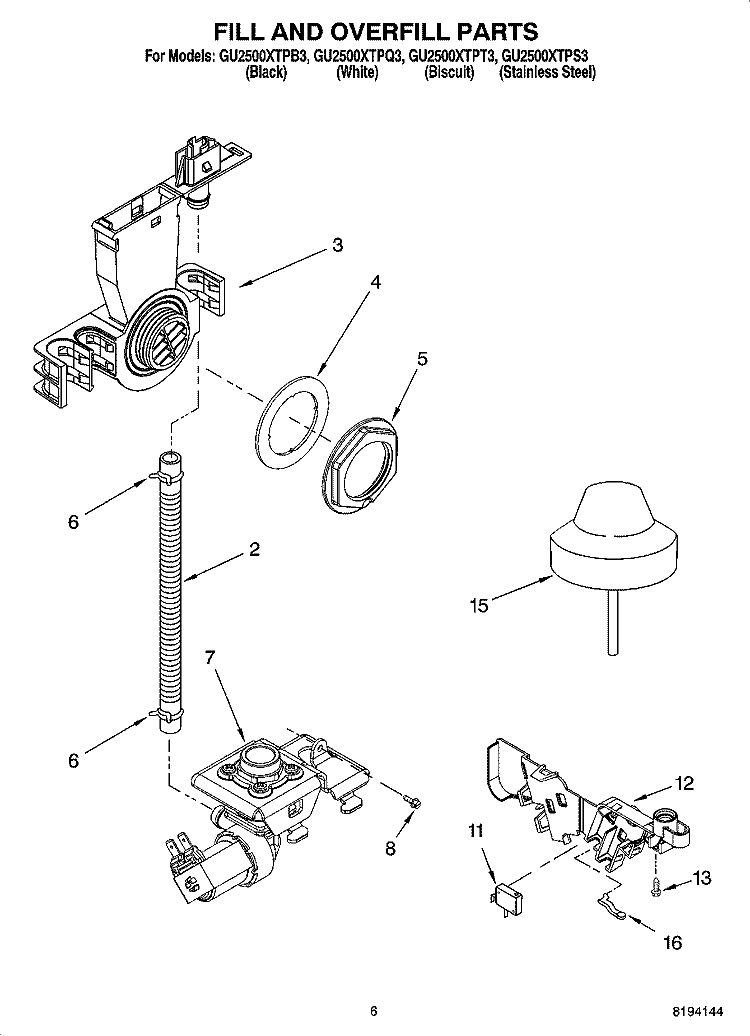 FILL AND OVERFILL PARTS Diagram and Parts List for GU2500XTPB3  Whirlpool Dishwasher
