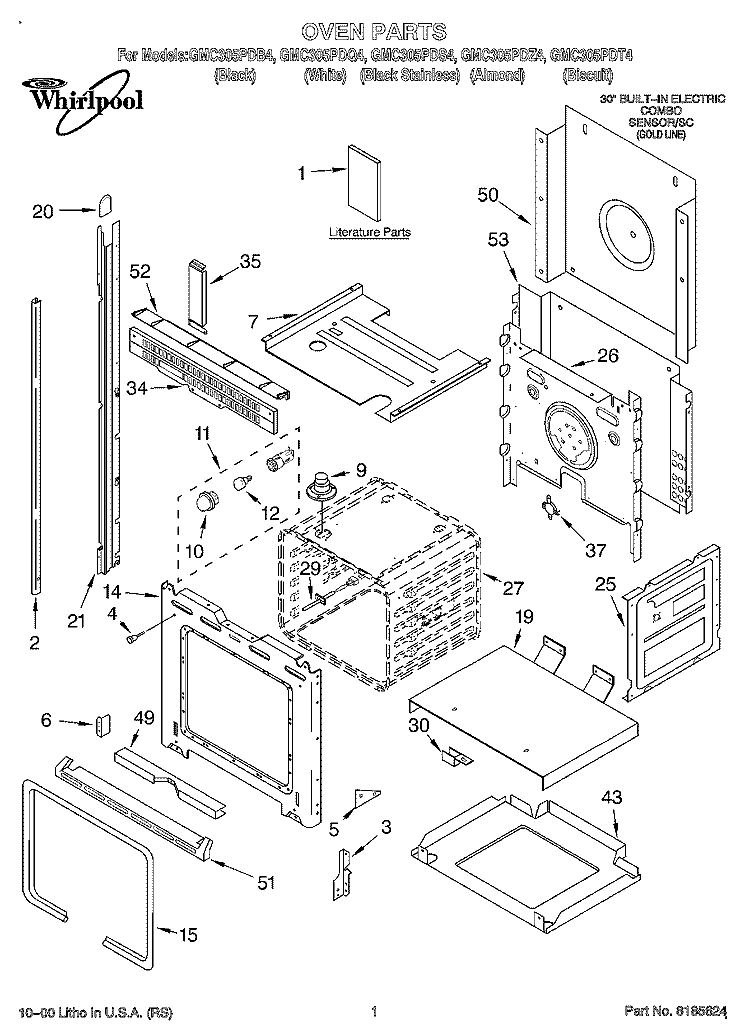 OVEN, LITERATURE Diagram and Parts List for GMC305PDS4  Whirlpool Microwave Oven Combo