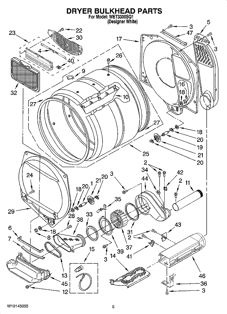 DRYER BULKHEAD PARTS Diagram and Parts List for WET3300SQ1  Whirlpool Washer Dryer Combo