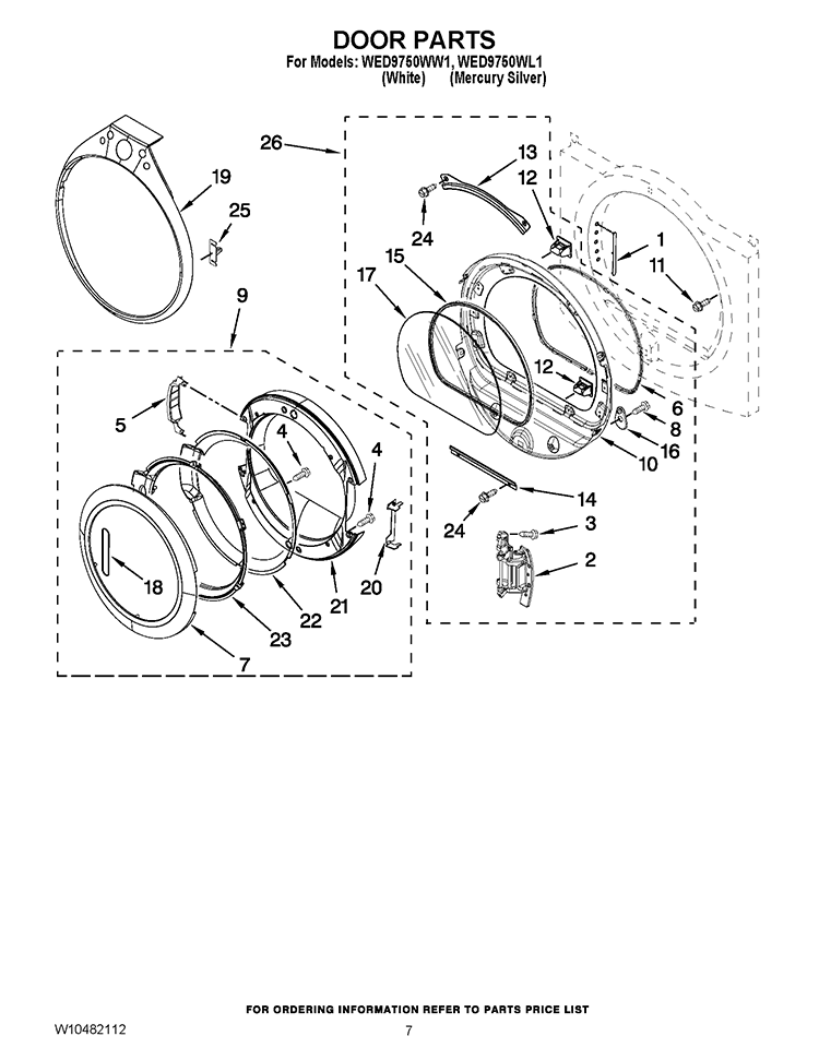DOOR PARTS Diagram and Parts List for WED9750WL1  Whirlpool Dryer