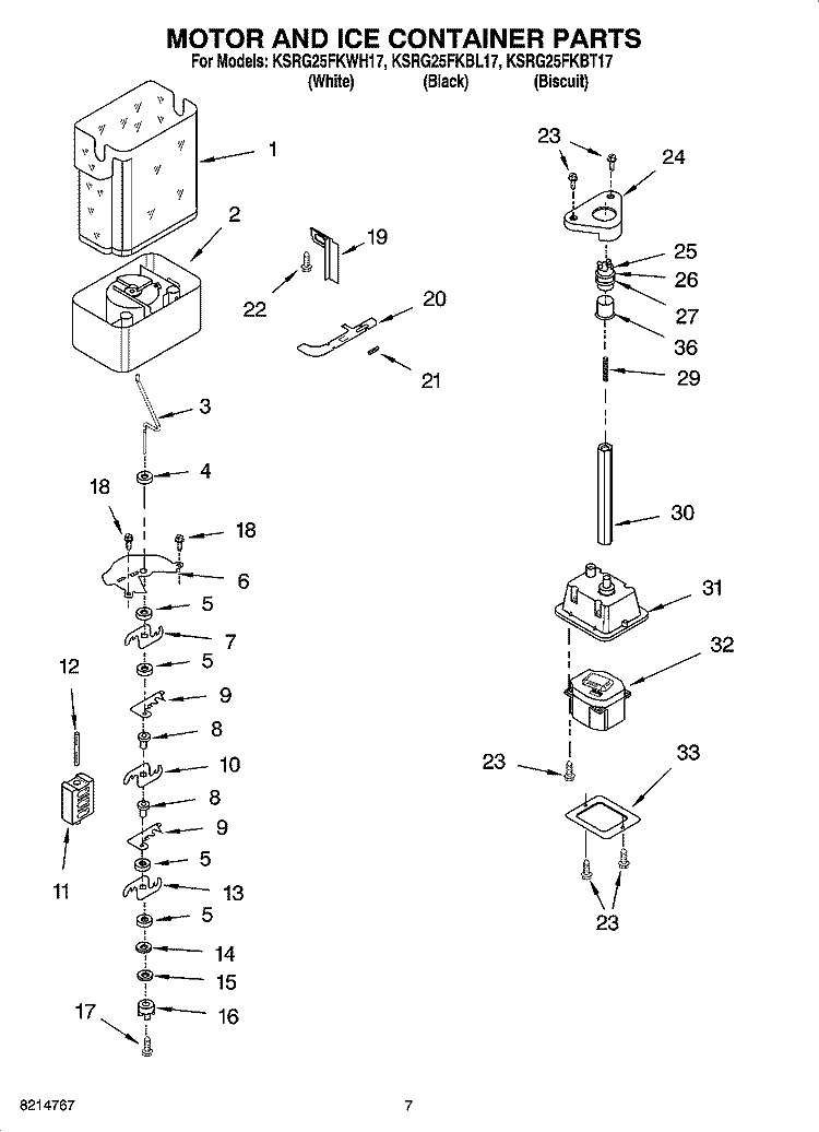 MOTOR AND ICE CONTAINER PARTS Diagram and Parts List for KSRG25FKBT17  KitchenAid Refrigerator