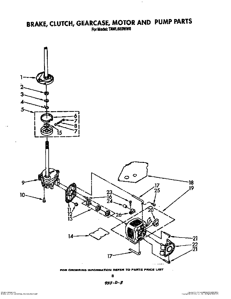BRAKE, CLUTCH, GEARCASE, MOTOR AND PUMP Diagram and Parts List for TAWL680WW0  Estate Washer