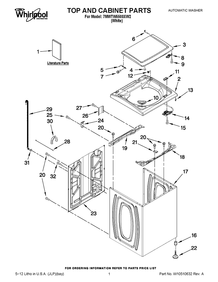 TOP AND CABINET PARTS Diagram and Parts List for 7MWTW5500XW2  Whirlpool Washer