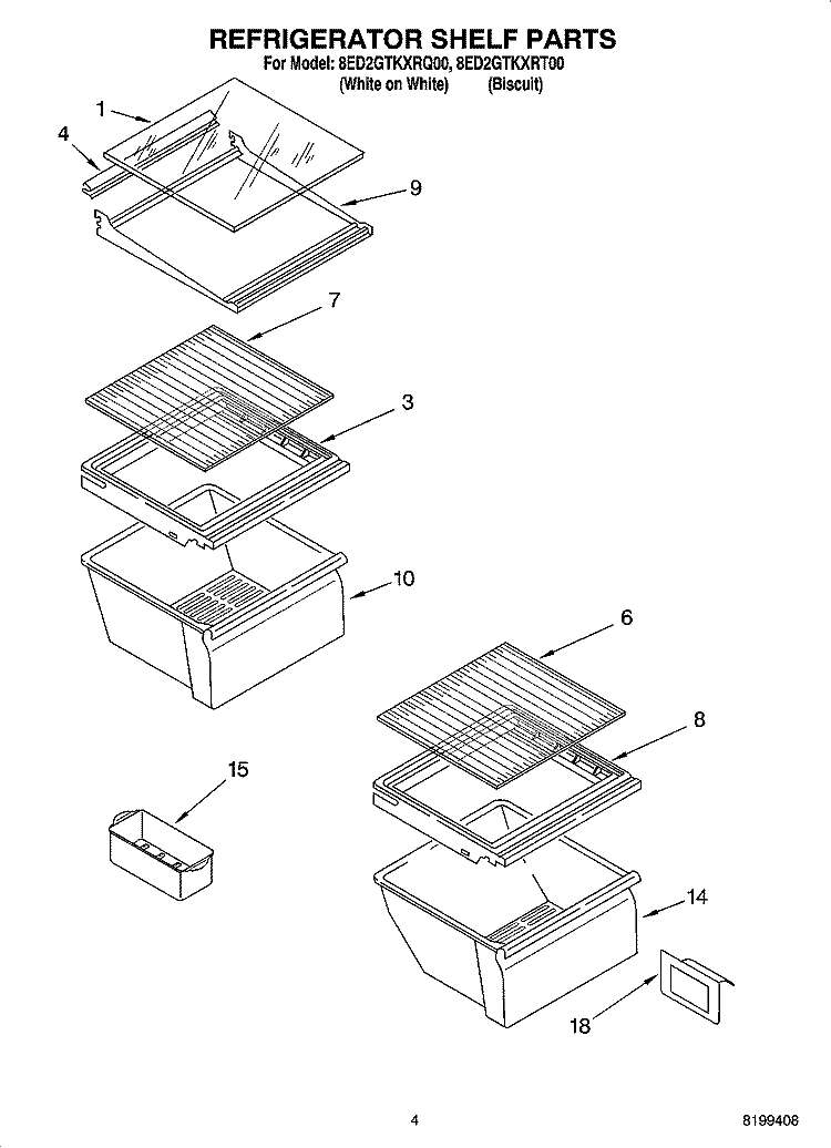 REFRIGERATOR SHELF PARTS Diagram and Parts List for 8ED2GTKXRT00  Whirlpool Refrigerator