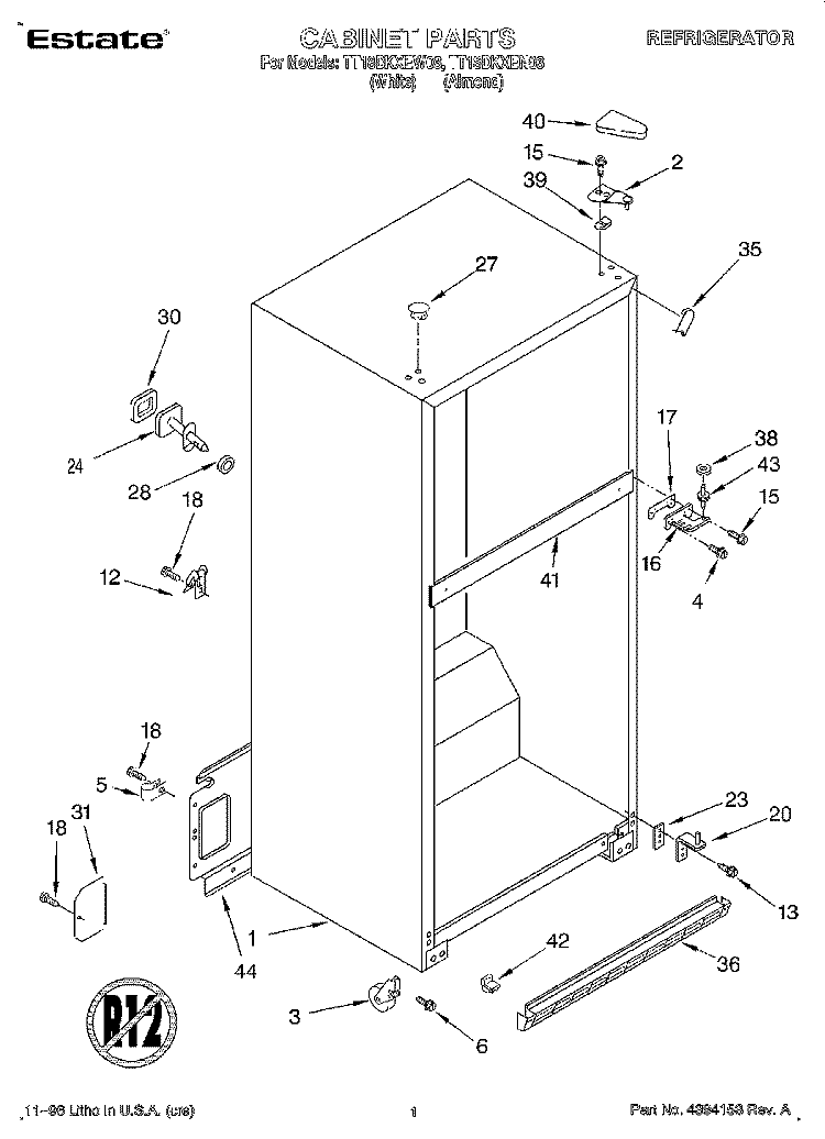 CABINET Diagram and Parts List for TT18DKXEN03  Estate Refrigerator