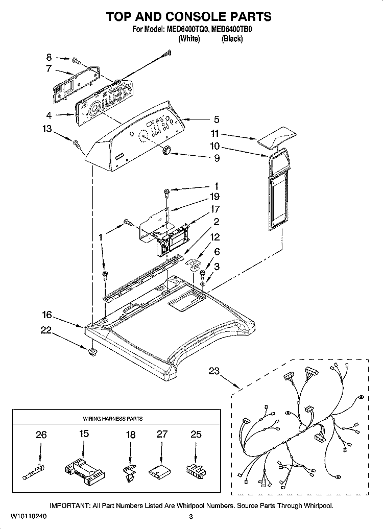 TOP AND CONSOLE PARTS Diagram and Parts List for MED6400TB0  Maytag Dryer