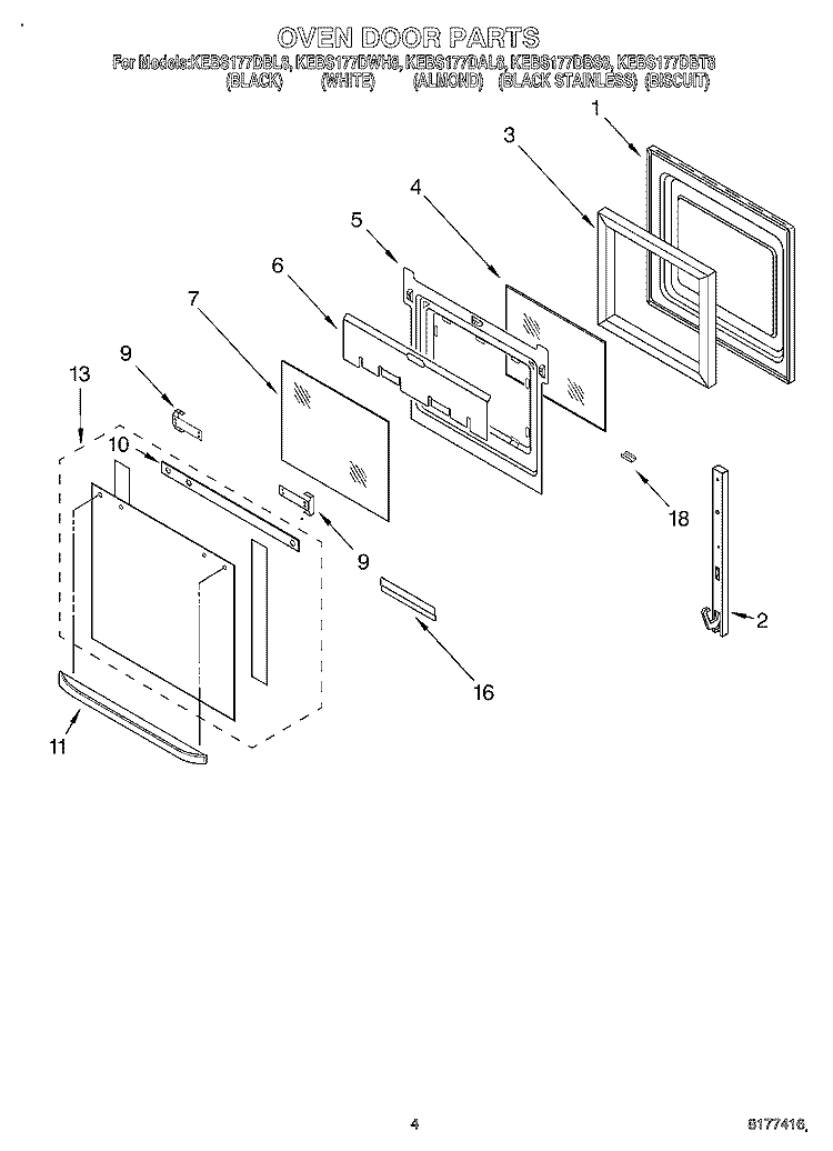 OVEN DOOR Diagram and Parts List for KEBS177DAL8  KitchenAid Wall Oven