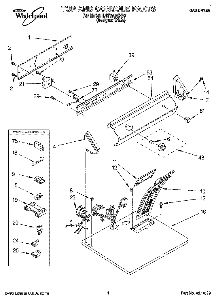 TOP AND CONSOLE, LIT/OPTIONAL Diagram and Parts List for LGT5624DQ0  Whirlpool Dryer