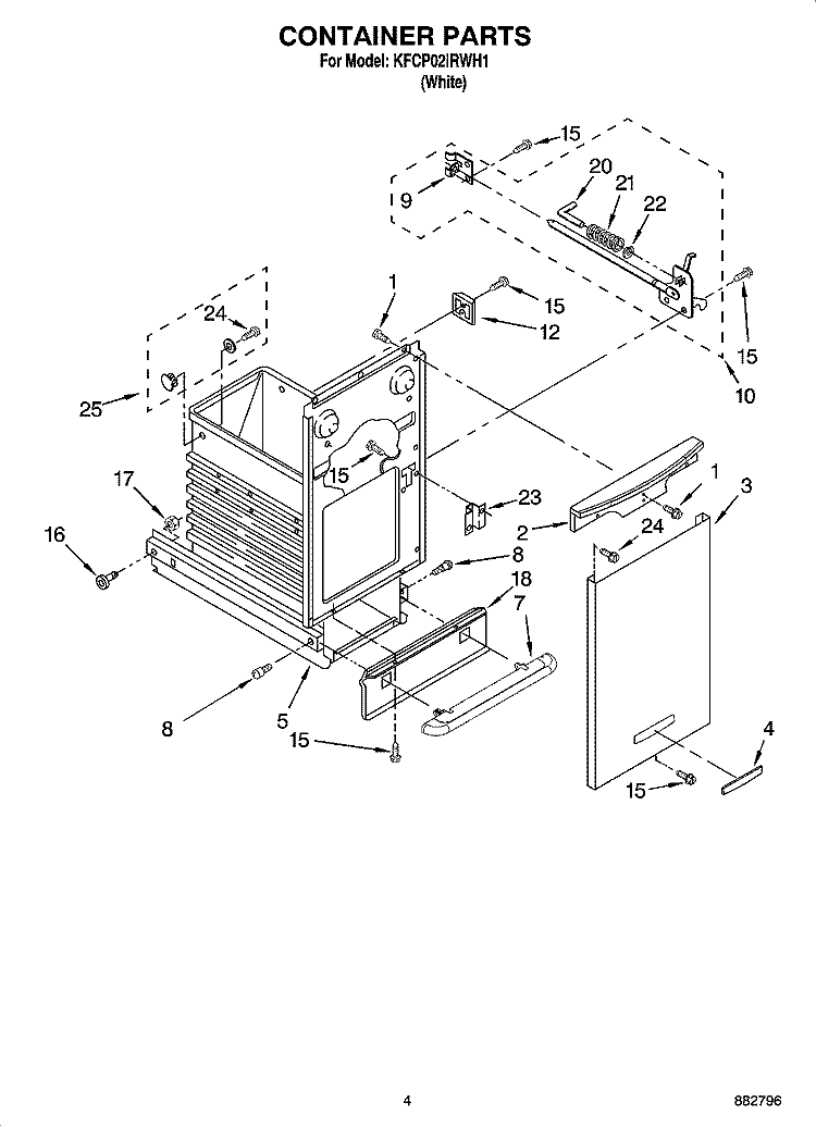 CONTAINER PARTS Diagram and Parts List for KFCP02IRWH1  KitchenAid Trash Compactor